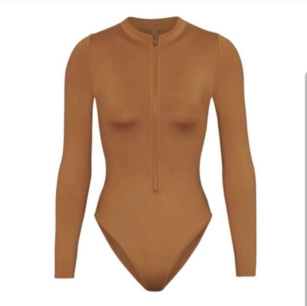 SKIMS Swim Long Sleeve Zip One Piece Almond - Picture 2 of 2